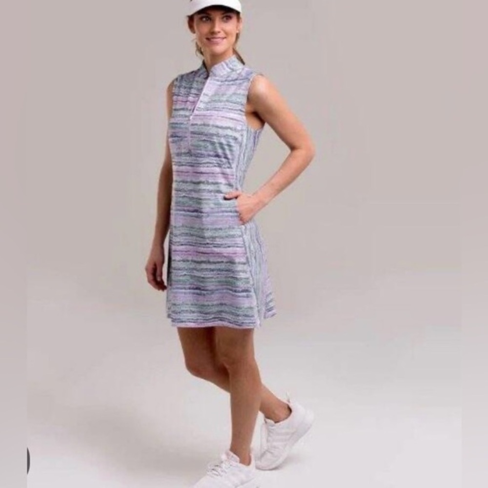 Zero Restriction Golf Striped Dress -S gray blue poly spandex